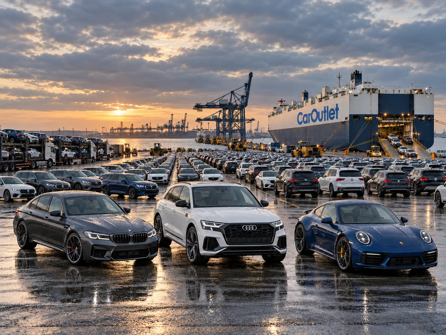 European vehicles and car transporters at a port at sunset