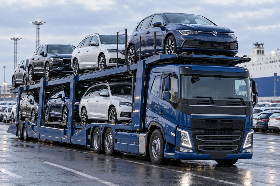 Loaded car transporter at a vehicle terminal